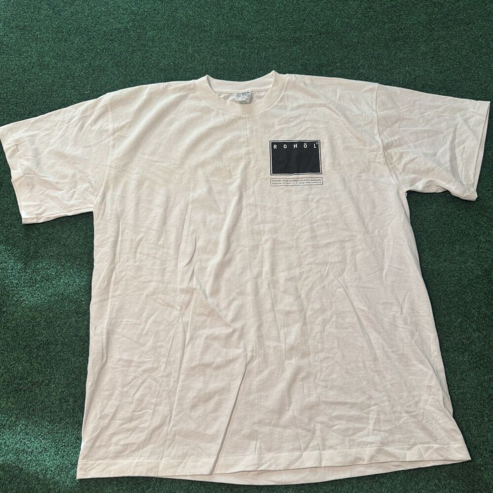 Vintage 90s Rohöl Industrial Strength Graphic T-Shirt XXL Horizon Teez Box Logo